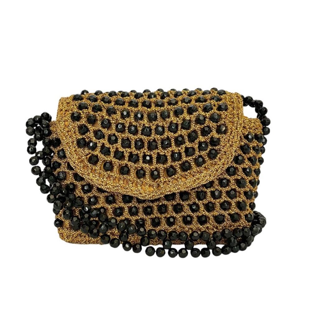Vintage Italian Gold Crochet Black Bead Glam Evening Bag - Made in Italy Handbag